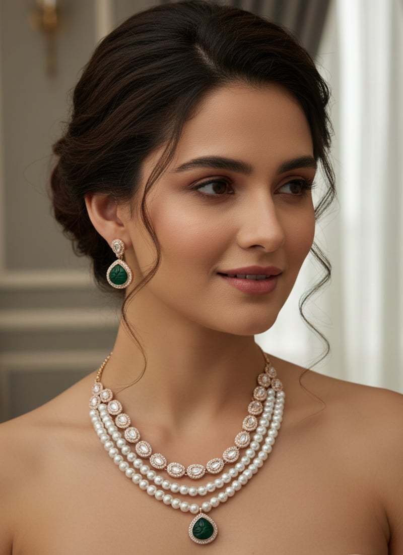 Green Kundan With Stone And Moti Work Necklace Set Wedding Wear