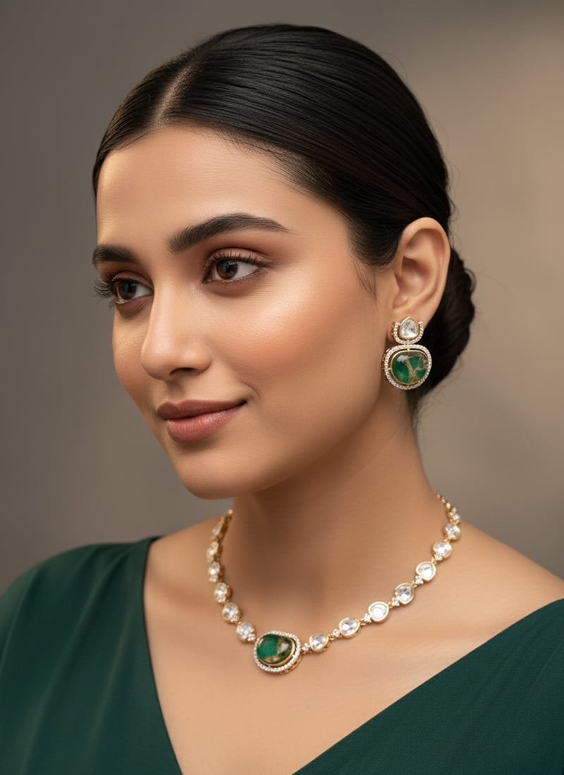 Green Kundan With Stone Work Choker Set Wedding Wear