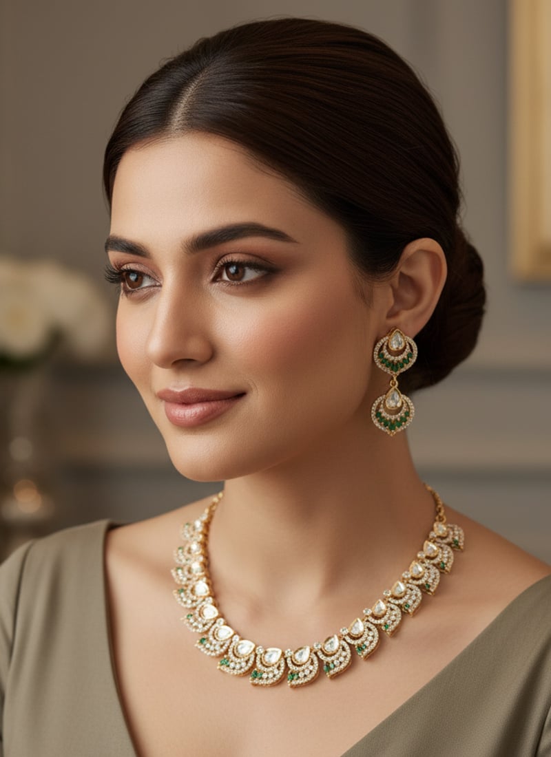 Green Kundan With Stone Work Necklace Set Wedding Wear