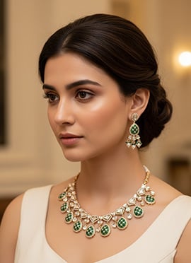 Green Kundan With Stone Work Necklace Set