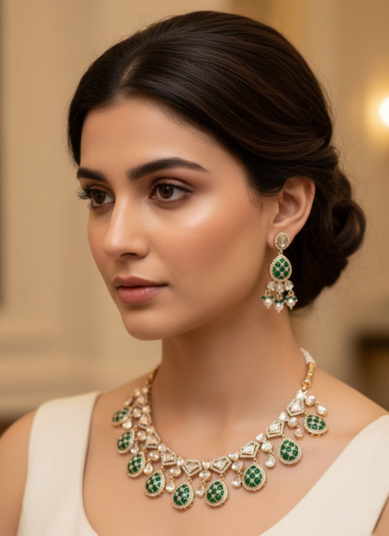 Green Kundan With Stone Work Necklace Set Wedding Wear