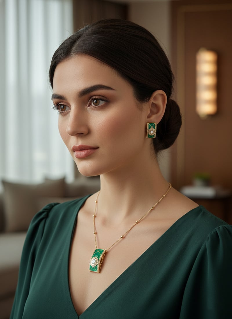 Green Kundan With Stone Work Necklace Set Wedding Wear