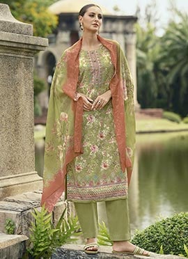 Green Lawn Cotton Digital Print Embroidered Thread Straight Pant Suit