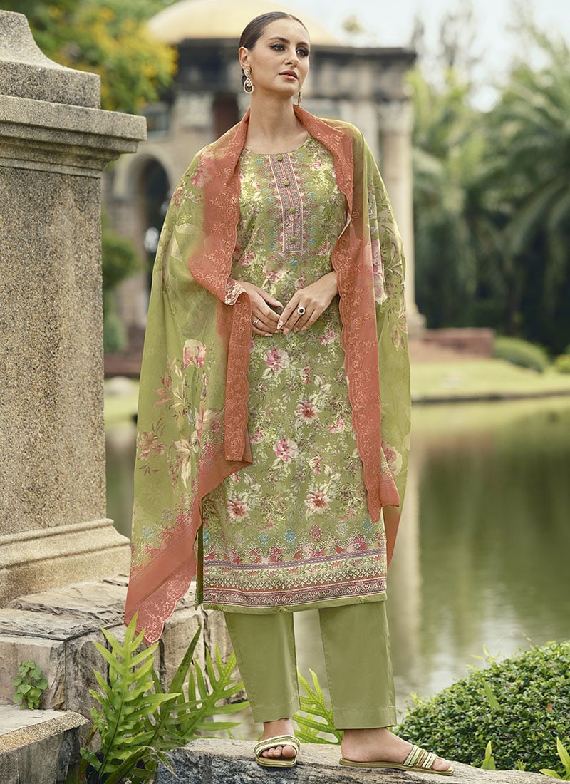 Green Lawn Cotton Digital Print Embroidered Thread Straight Pant Suit After Six Wear