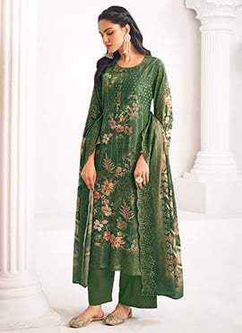 Green Lawn Cotton Digital Print Straight Pant Suit