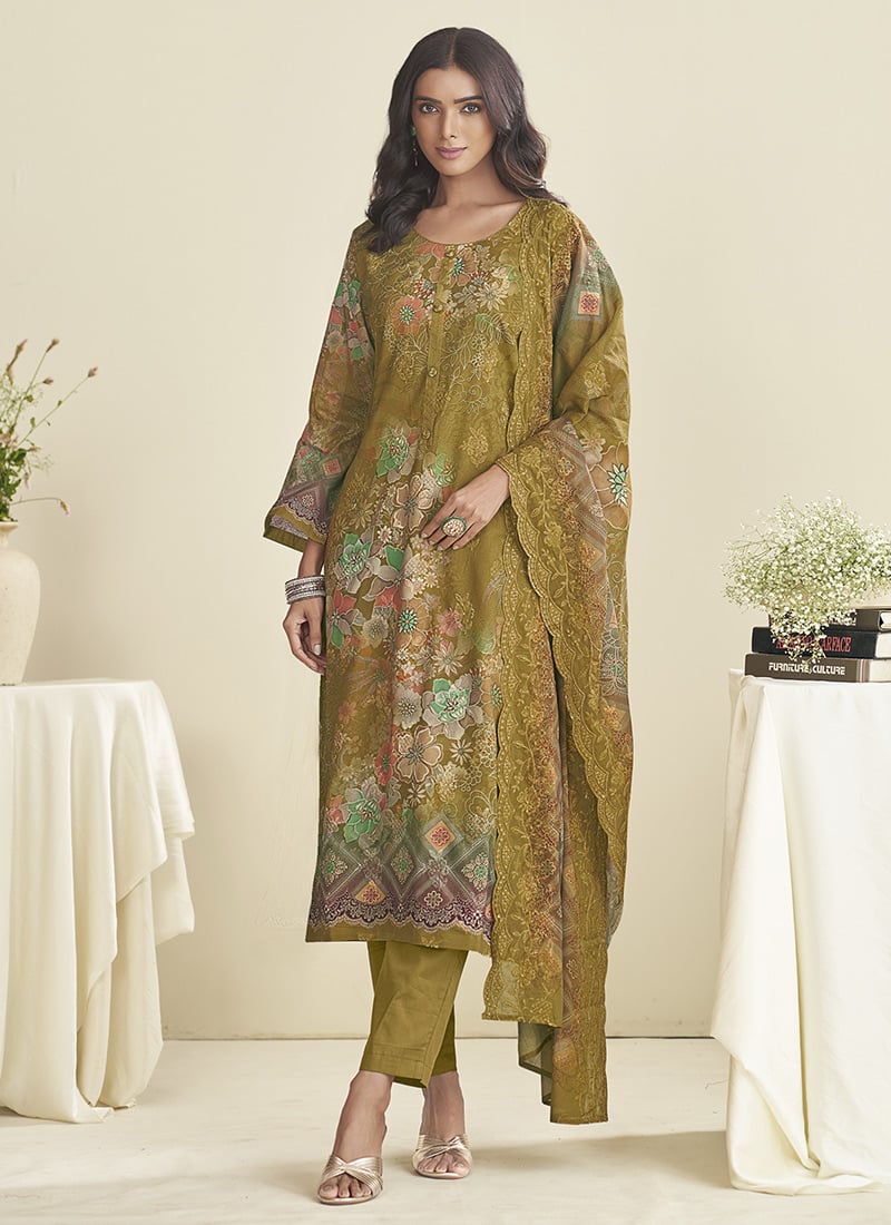 Green Lawn Cotton Digital Print Thread Straight Pant Suit After Six Wear