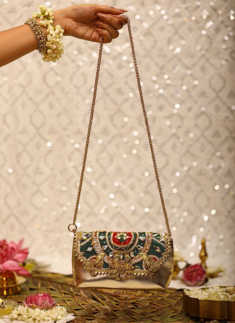 Green Leather Gota Embroidered Sequins Potli For Women