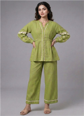 Green Linen Cotton Classy Co Ord Set
