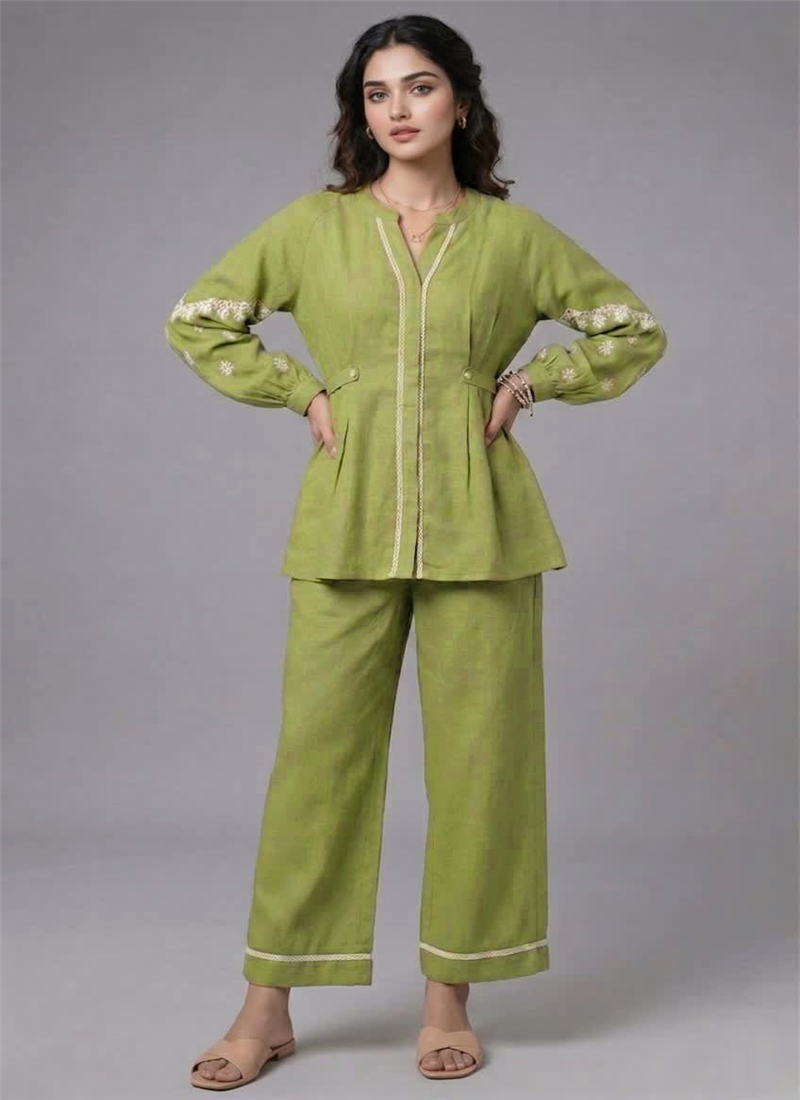 Green Linen Cotton Classy Co Ord Set After Six Wear