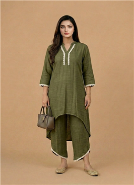 Green Linen Cotton Kurta Set
