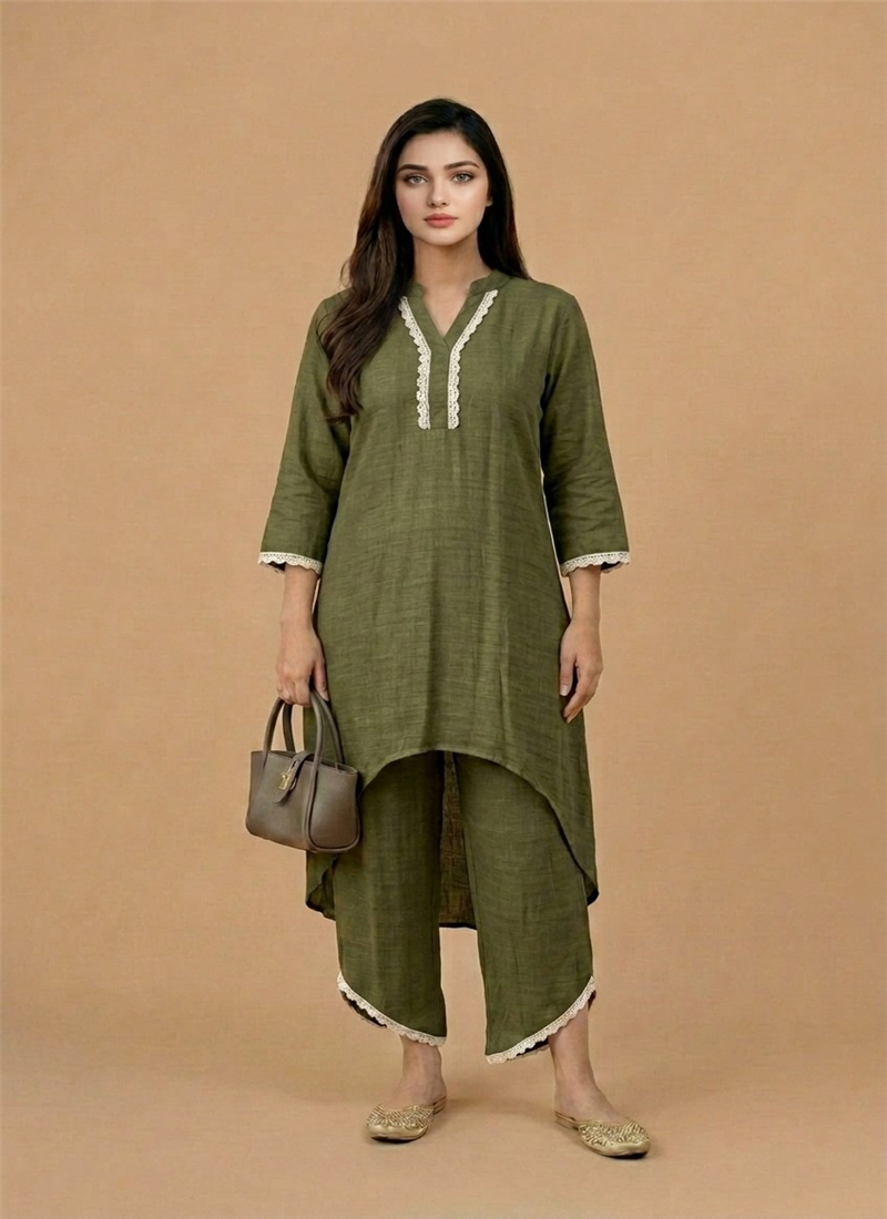 Green Linen Cotton Kurta Set After Six Wear