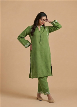 Green Linen Cotton Kurta Set