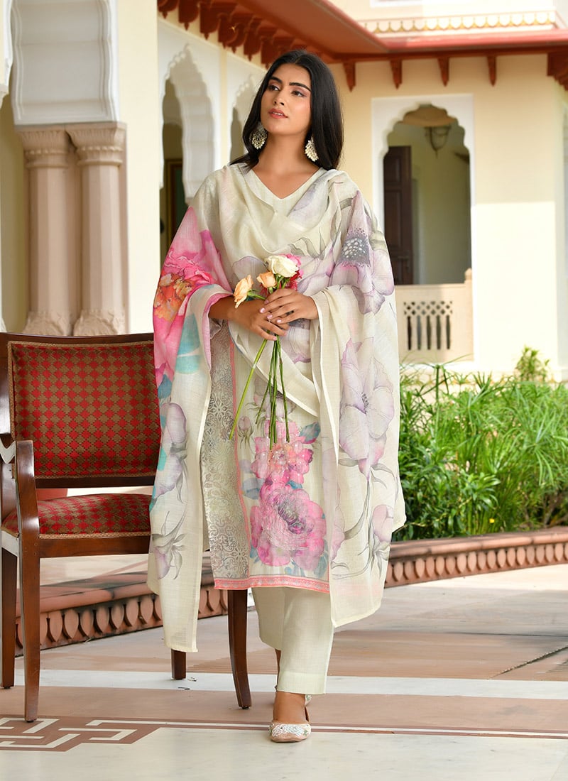 Green Linen Zardosi And Digital Print Straight Pant Suit After Six Wear