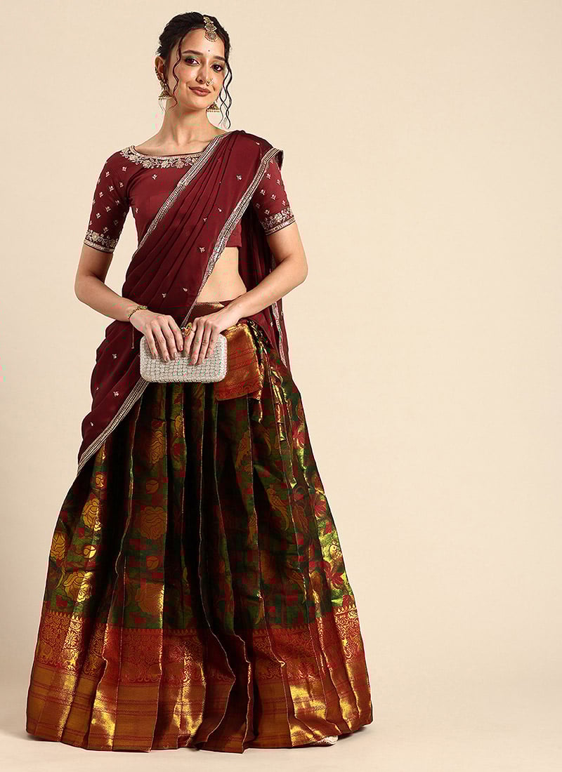 Green Litchi Silk Zari A Line Lehenga
