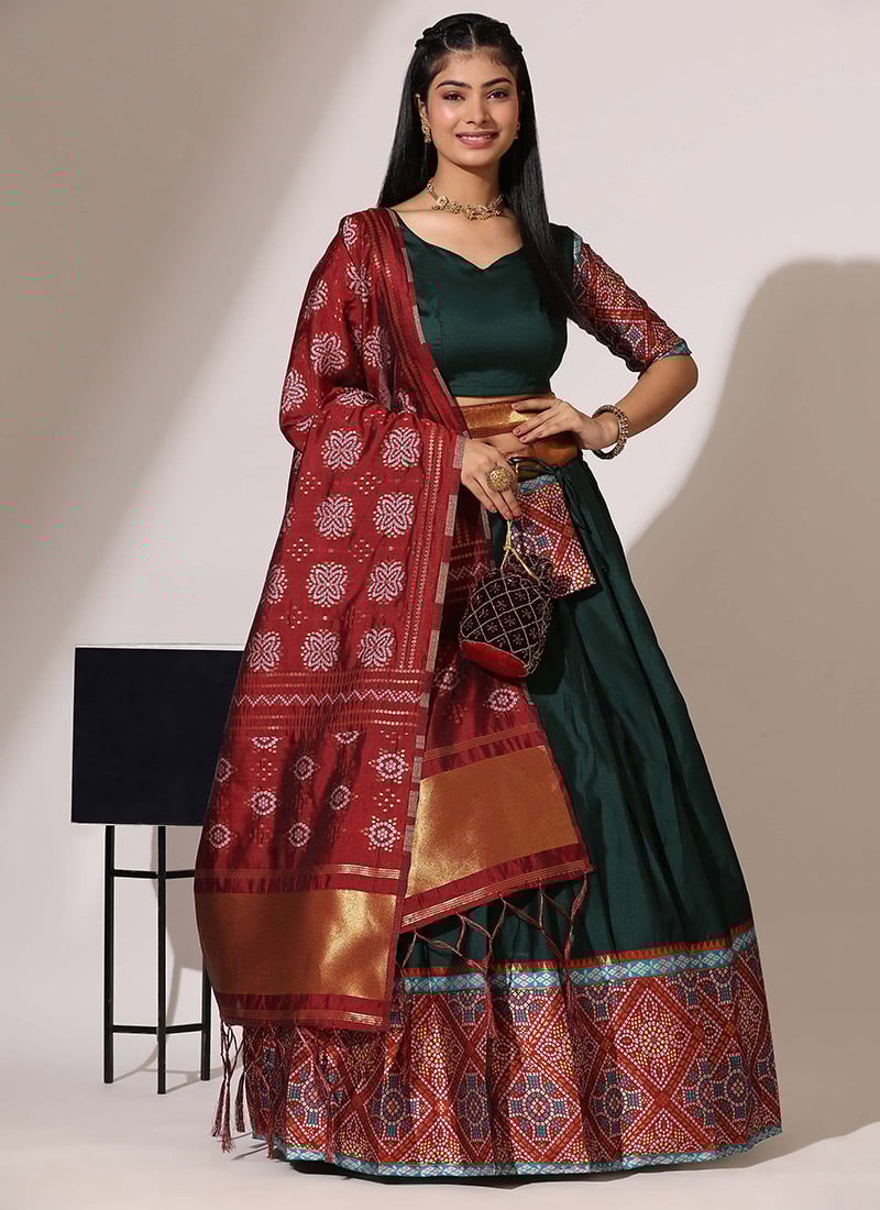 Green Litchi Silk Zari Bandhini Print Exquisite Lehenga Festive Wear