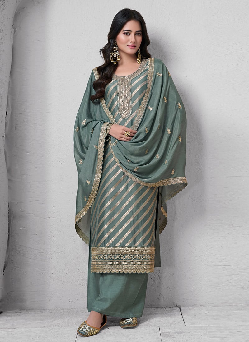 Green Lotus Silk Zari Embroidered Sequins Pakistani Palazzo Suit Festive Wear