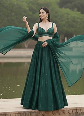 Green Malai Satin Hand Embroidered Sequins Lehenga