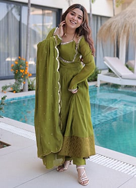 Green Malmal Chanderi Silk Mirror Work Anarkali Suit