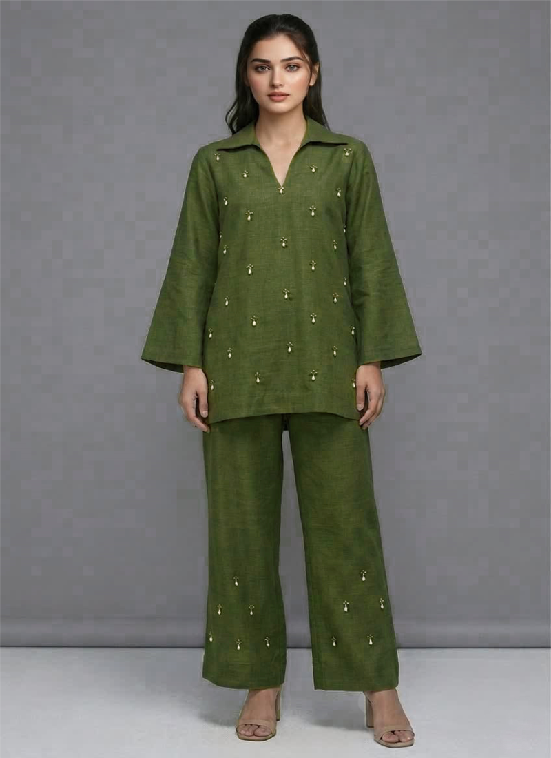 Green Meadow Gleam Linen Cotton Co Ord Set After Six Wear