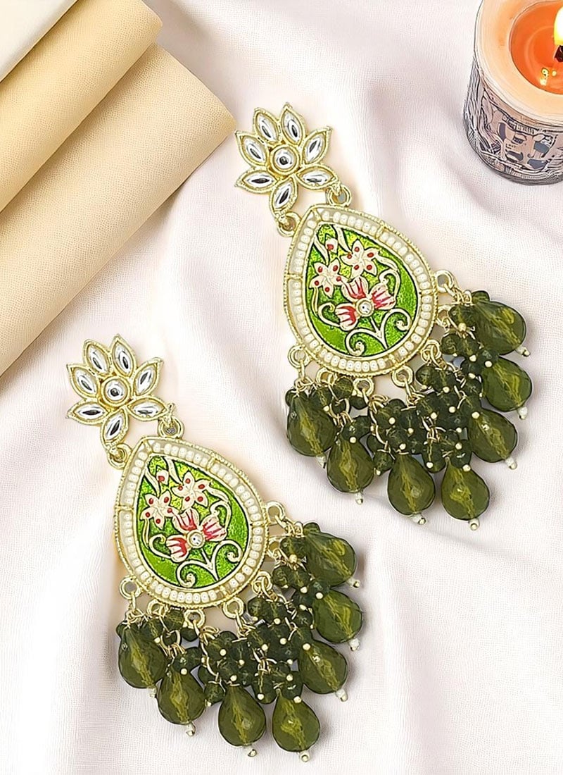 Green Meenakari Beads Kundan And Moti Adorned Danglers Festive Wear