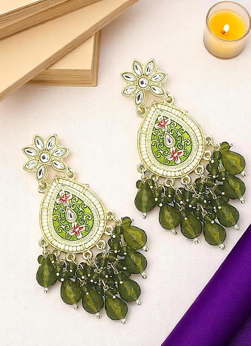Green Meenakari Beads Kundan And Moti Adorned Danglers