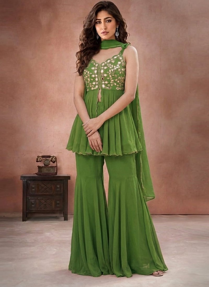Green Mirror Work With Hand Embroidered Georgette Sharara Suit Festive Wear