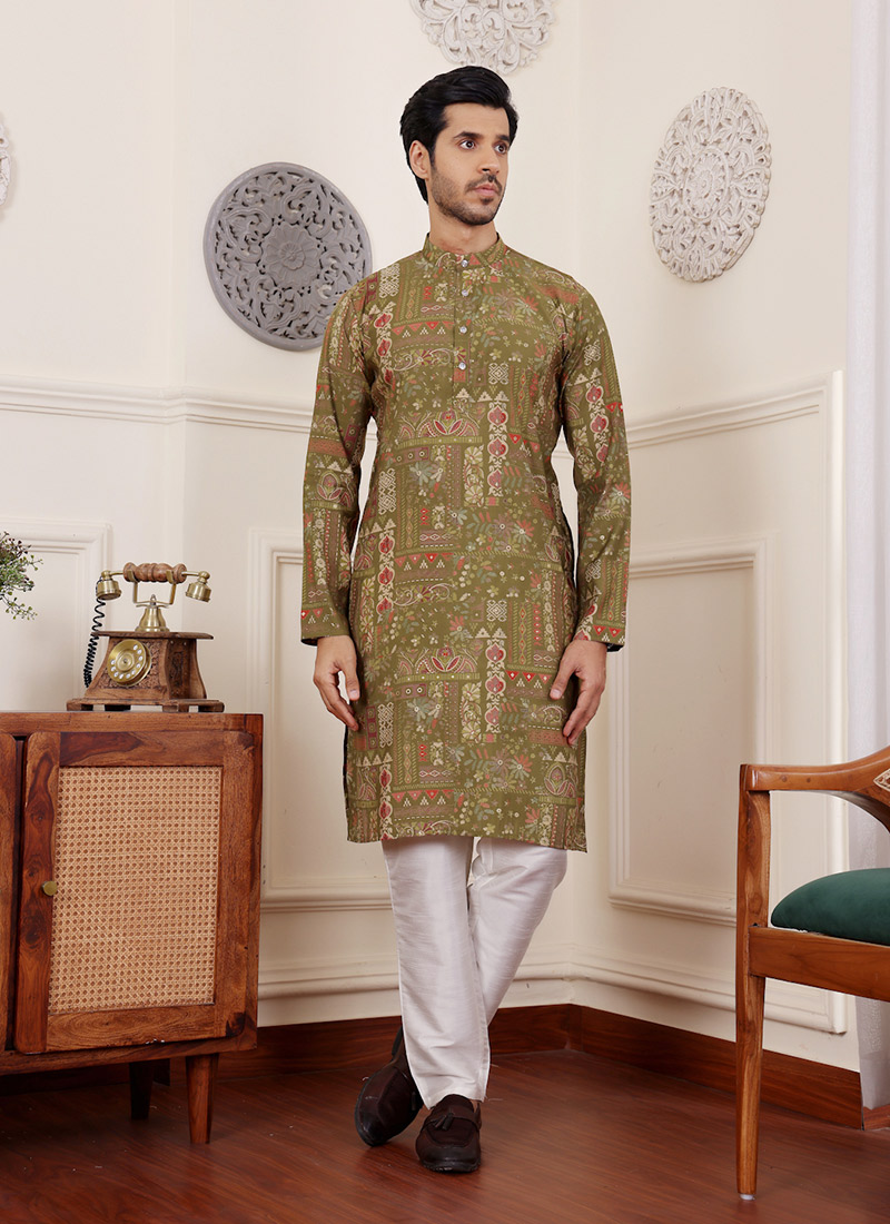Green Modal Silk Printed Kurta