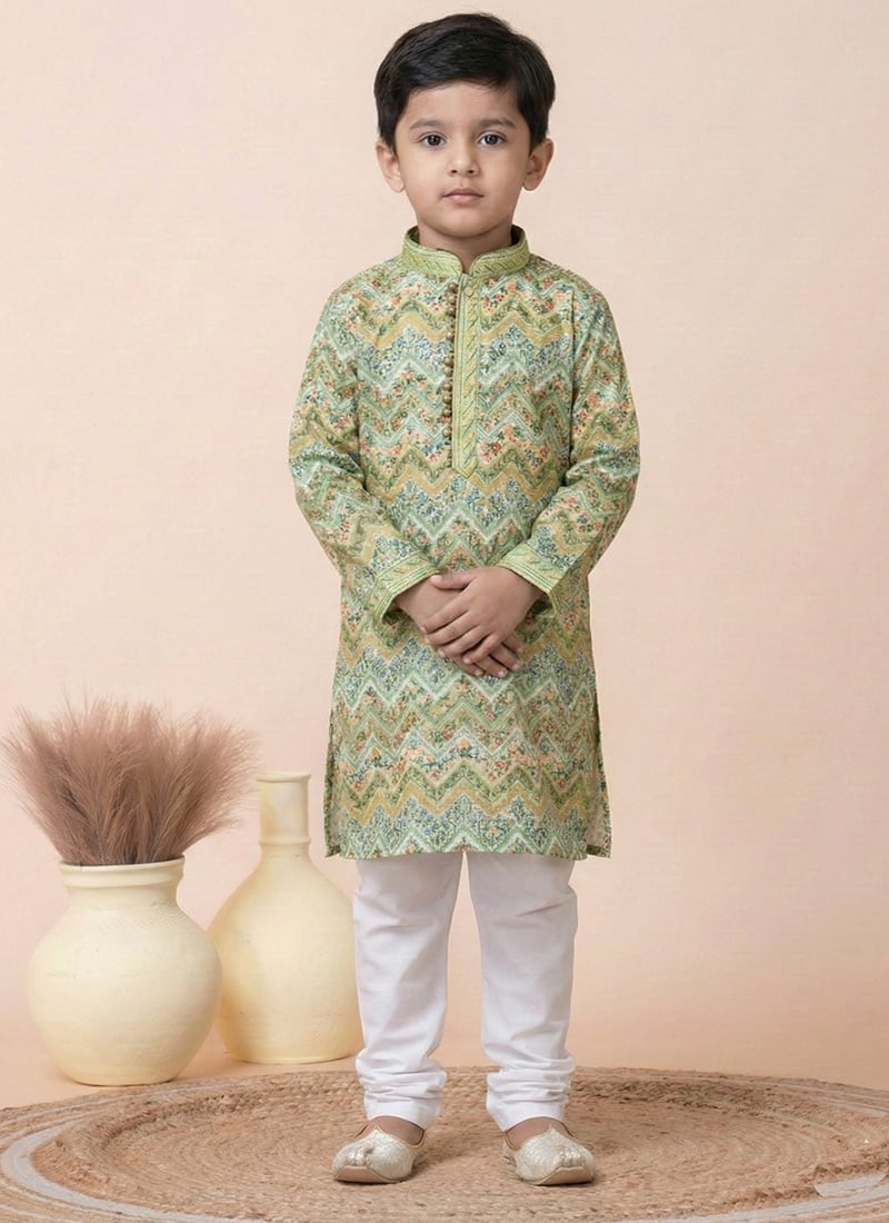 Green Mono Cotton Polyester Printed Kids Boys Kurta Pyjama Festive Wear