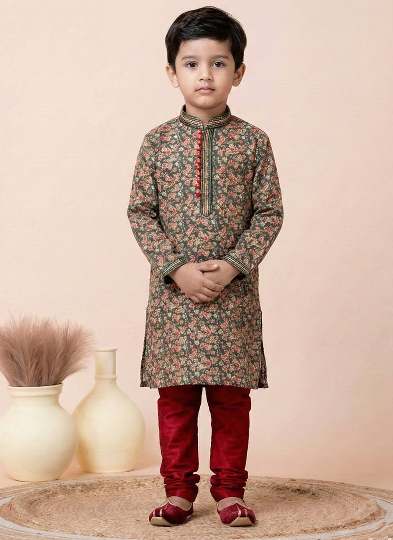Green Mono Cotton Polyester Printed Kids Boys Kurta Pyjama Festive Wear