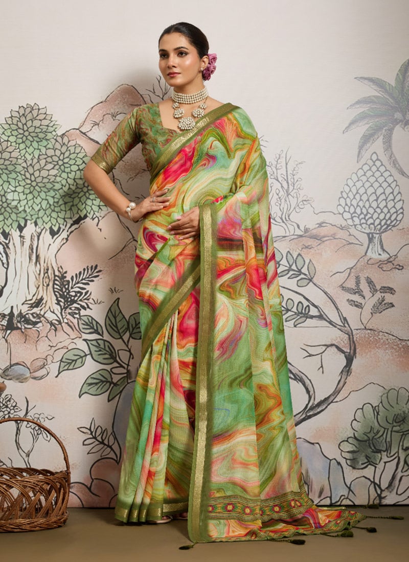 Green Moss Polyester Digital Print Zari Saree After Six Wear