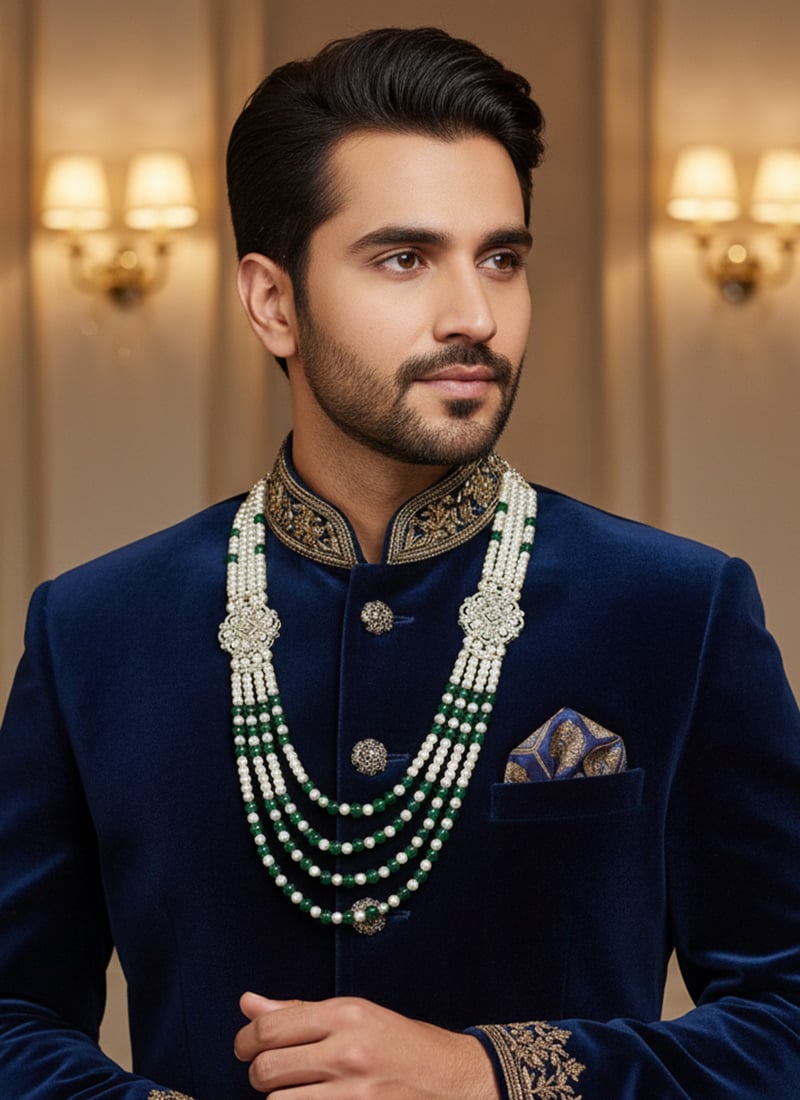 Green Moti Kundan And Stone Men Necklace
