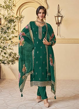 Green Munga Silk Embroidered Sequins Digital Print Straight Pant Suit