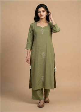 Green Muslin Cotton Embroidered Kurta Set