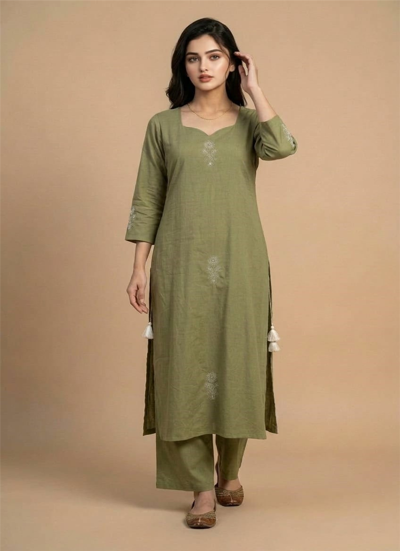 Green Muslin Cotton Embroidered Kurta Set After Six Wear