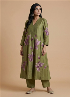 Green Muslin Cotton Floral Kurta Set