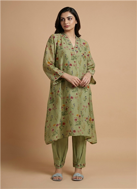 Green Muslin Cotton Floral Kurta Set