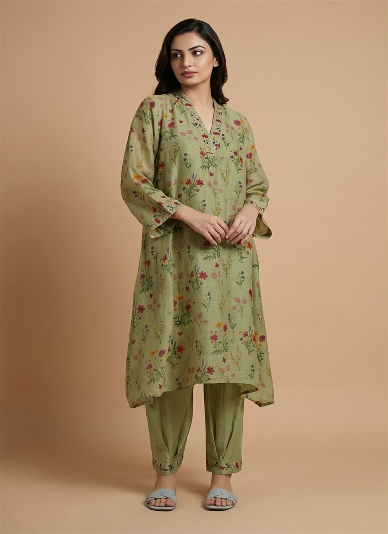 Green Muslin Cotton Floral Kurta Set After Six Wear