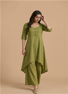 Green Muslin Cotton Kurta Set.