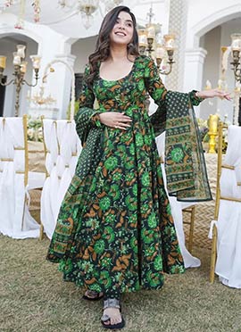 Green Muslin Digital Print Anarkali Suit