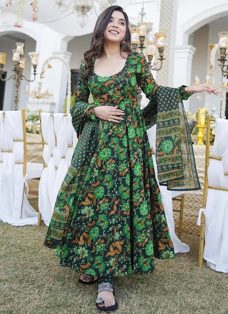 Green Muslin Digital Print Anarkali Suit  Festive Wear