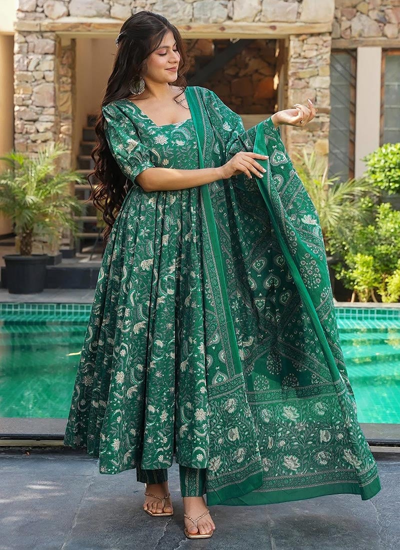 Green Muslin Digital Print Anarkali Suit After Six Wear