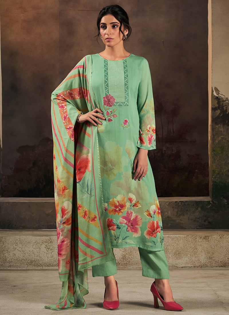 Green Muslin Digital Print Embroidered Straight Pant Suit