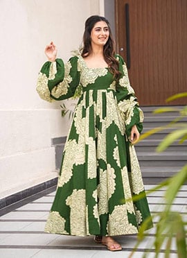 Green Muslin Digital Print Gown With Stylish Lantern Sleeves