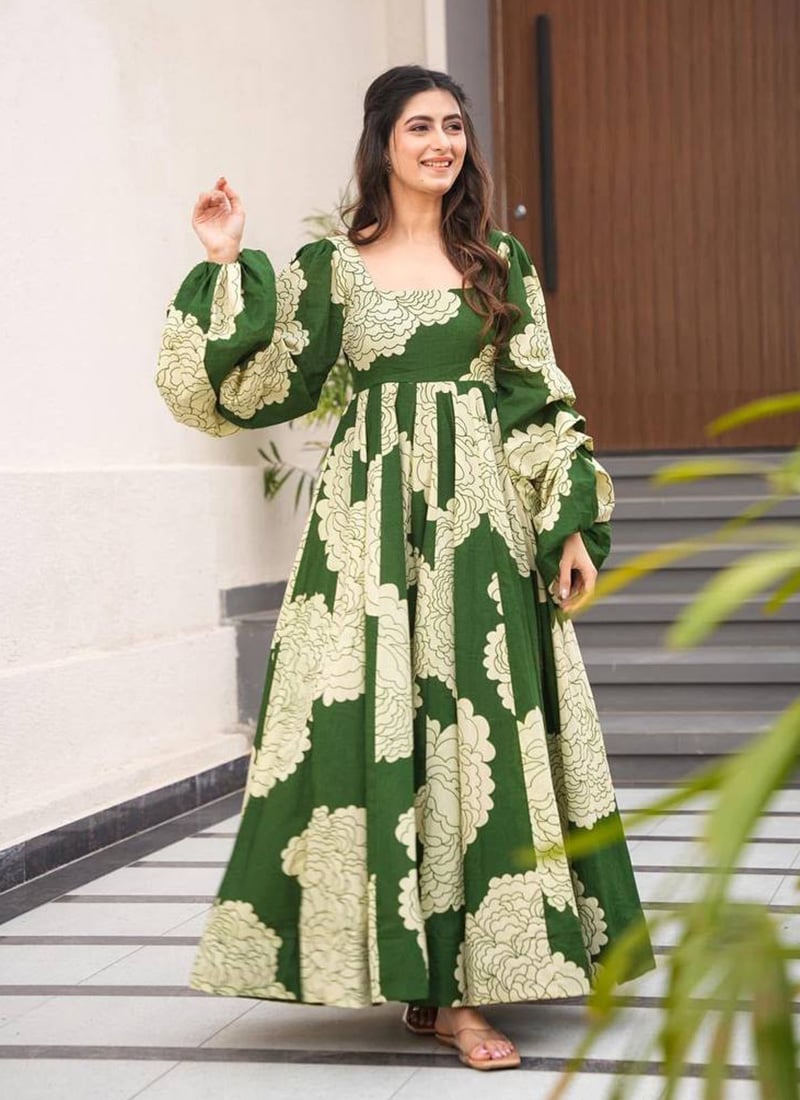 Green Muslin Digital Print Gown With Stylish Lantern Sleeves After Six Wear