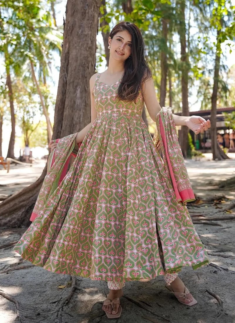 Green Muslin Digital Print Straight Pant Suit After Six Wear
