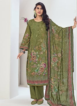 Green Muslin Digital Print Thread Embroidered Sequins Straight Pant Suit