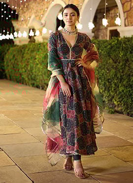 Green Muslin Digital Printed Anarkali Suit