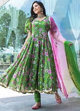 Green Muslin Digital Printed Anarkali Suit