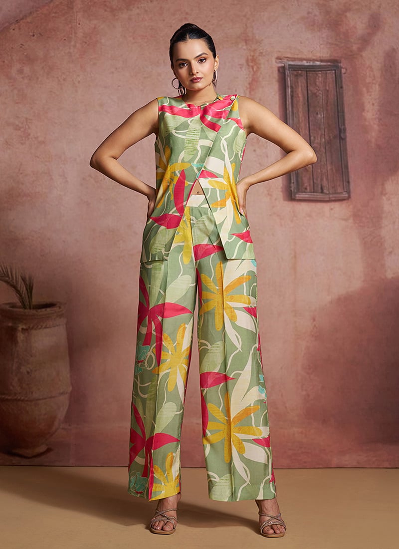 Green Muslin Silk Printed Indowestern Sets And Suits After Six Wear