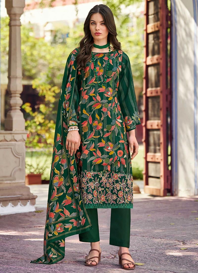 Green Muslin Thread Embroidered And Floral Print Straight Pant Suit